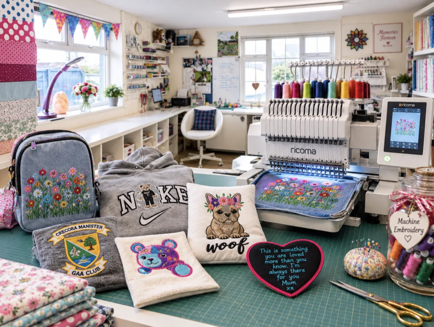A patchwork cushion beside a book of fabric and thread samples