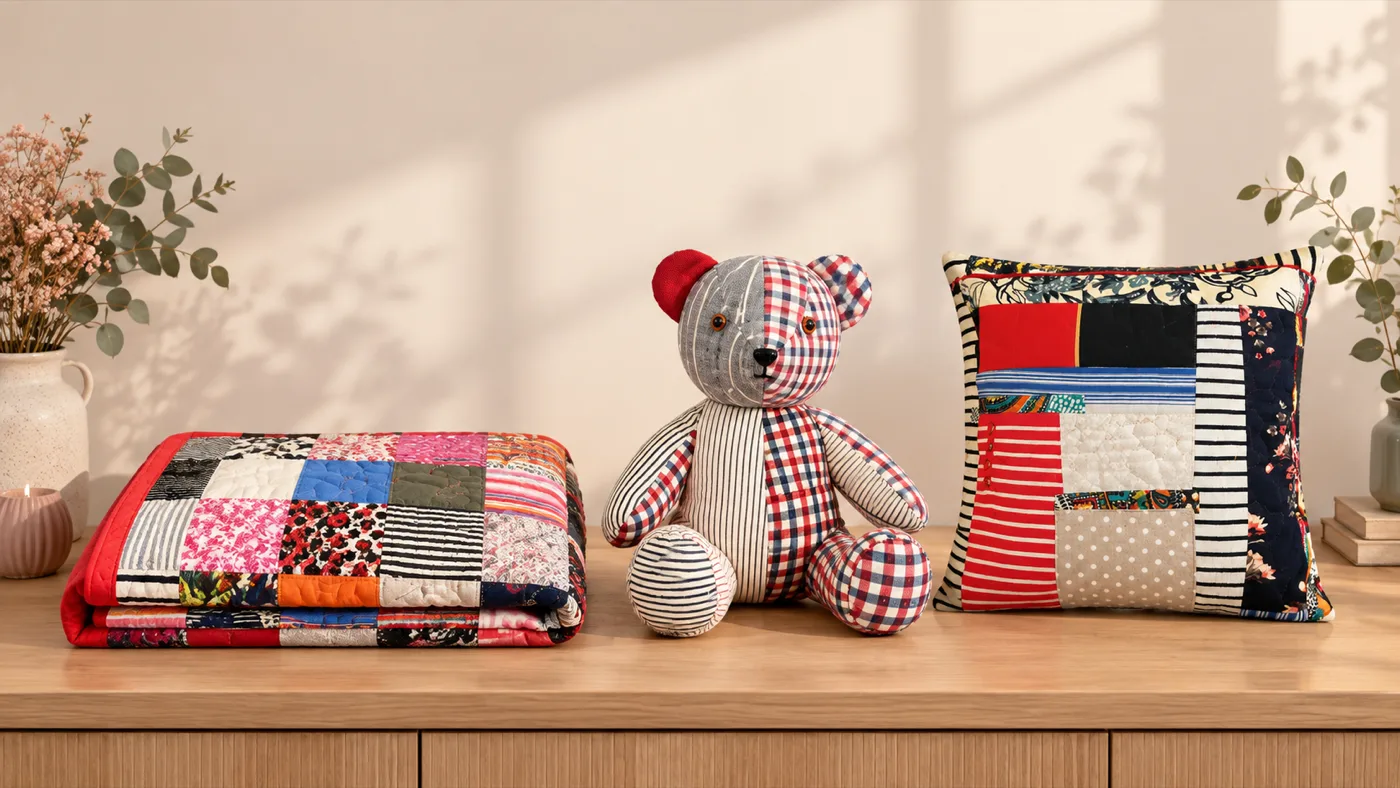 A memory teddy, patchwork cushion and folded quilt made from cherished clothing