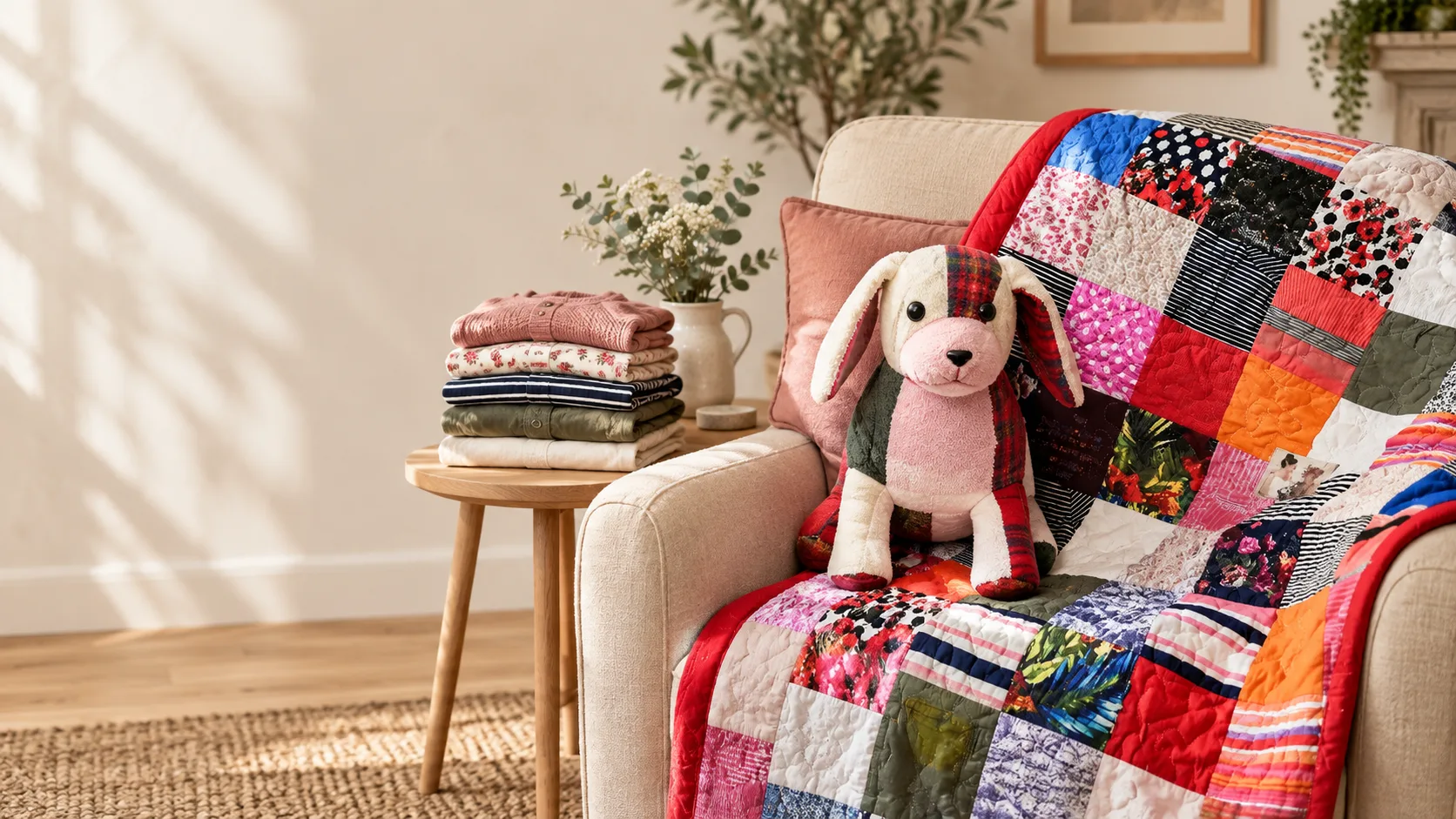 A patchwork memory quilt and a memory dog teddy on an armchair, beside a folded stack of clothes