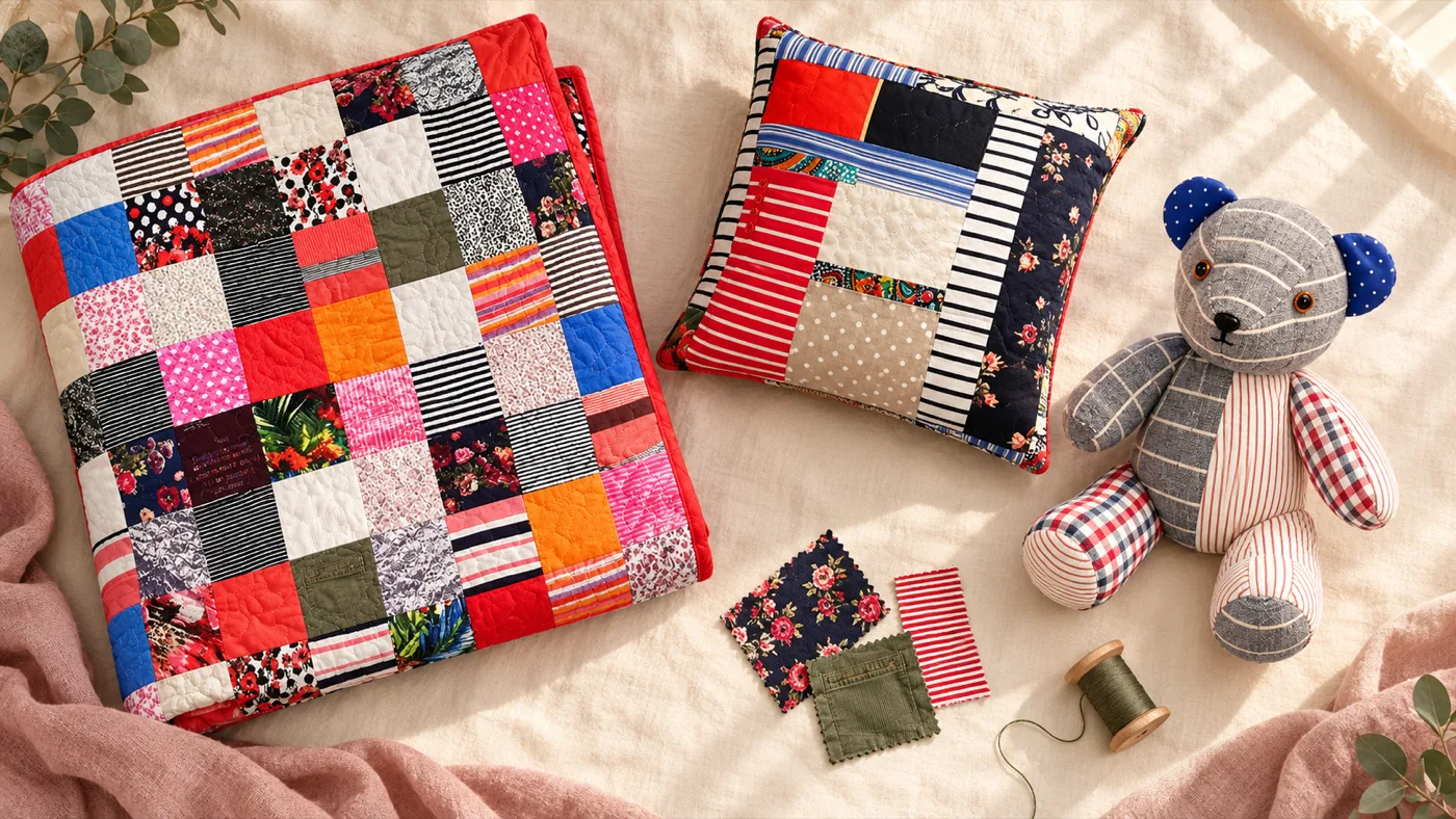 A memory quilt, a patchwork cushion and a memory teddy made from family clothing