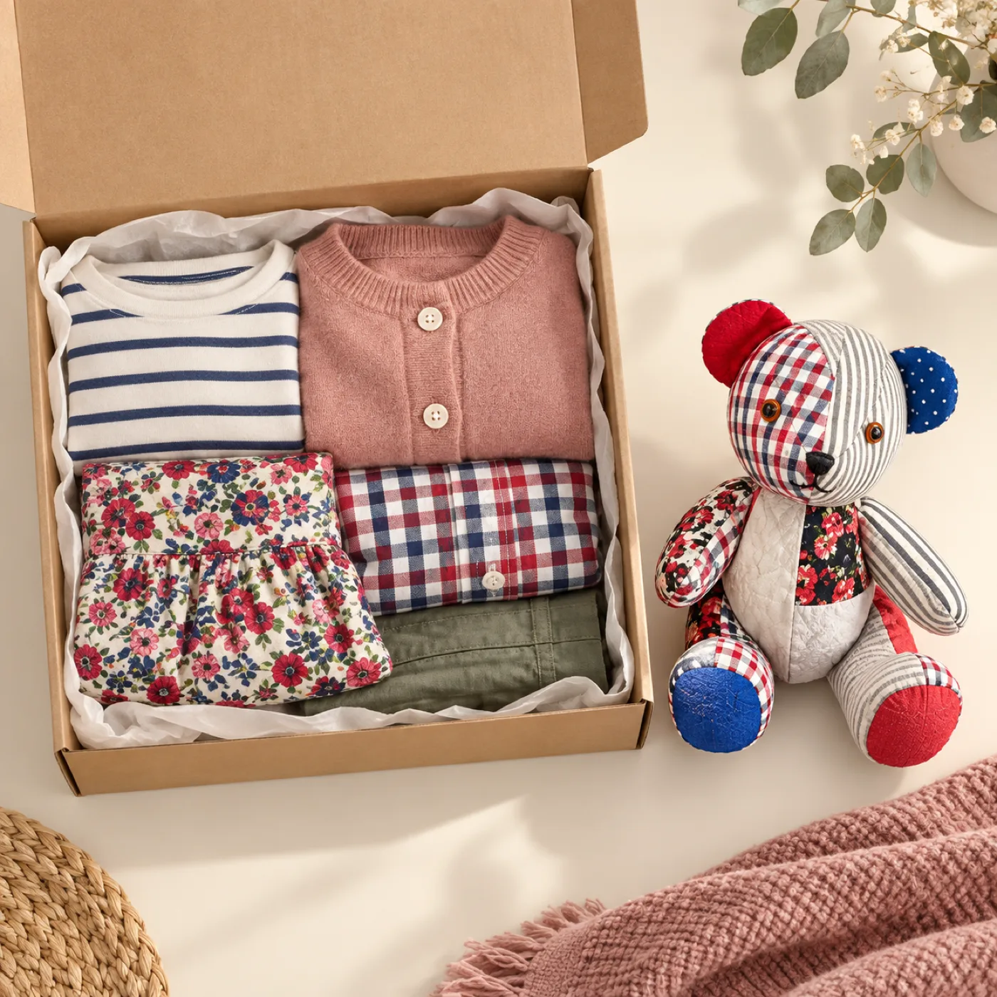 A box of folded clothes ready to post, beside the memory teddy made from them