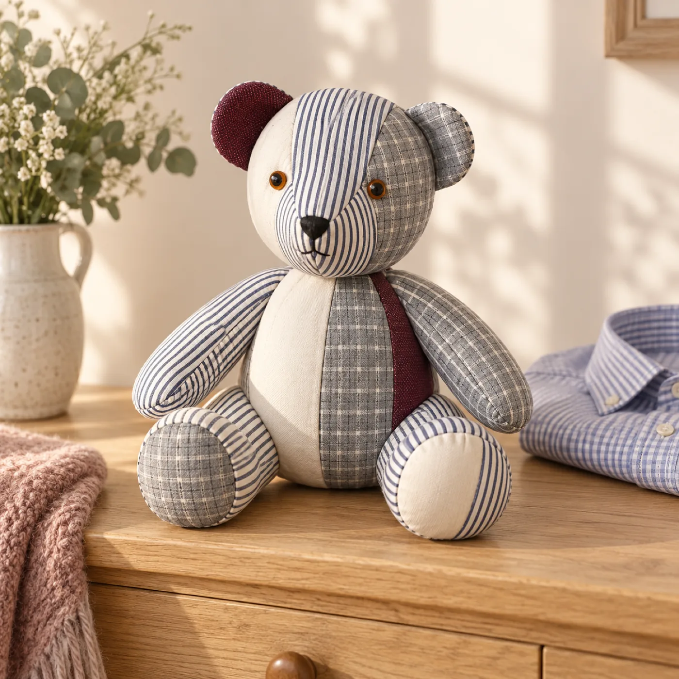 A memory teddy made from a striped shirt, on a studio desk beside the shirt it came from