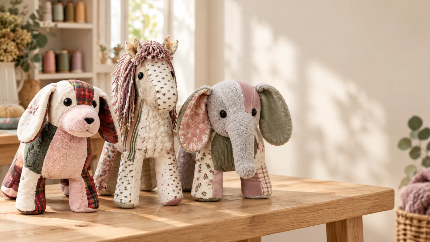 A memory dog, horse and elephant made from clothing, on a studio table